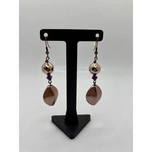 Beaded Drop Dangle Earrings Gold Purple Bronze Mixed Metal Handmade Style